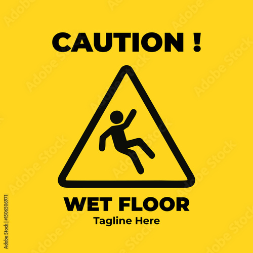 Wet floor, warning triangle, caution symbol, safety sign, hazard alert, workplace safety, fall prevention, slip risk, industrial warning, janitor zone, cleaning hazard for facility alert