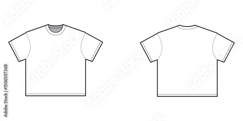 Boxy Fit Round Neck Crew Neckline T-shirt Vector Mock-up Fashion Template Flat Illustration Front and Back