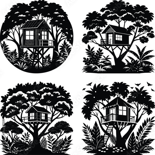 Treehouse silhouette set with tropical foliage and bird illustrations