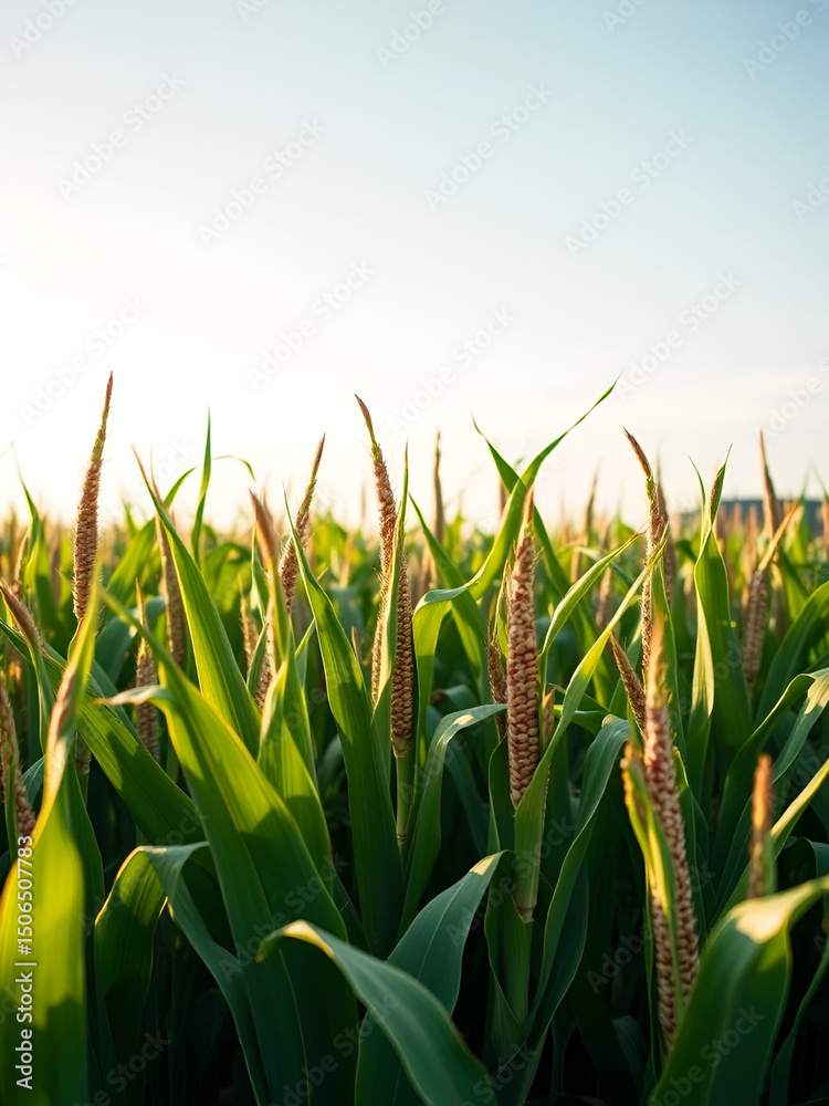 Obraz premium Closeup of a green cornfield with maize in Germany in July