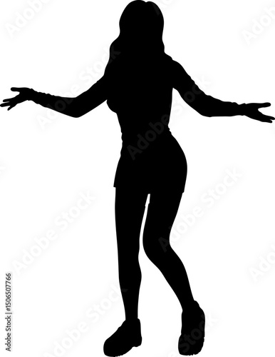 Detailed elegant silhouette of woman with long hair wears short skirt and platform shoes. Ideal for fashion and artistic designs illustration. Abstract slim young woman in mini skirt posing.