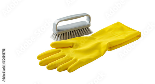 Isolated Photo of Yellow Rubber Glove And Brush Against Black Background