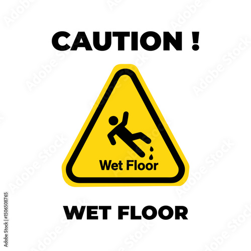 Wet floor, triangle warning, caution hazard, yellow sign, safety alert, workplace symbol, industrial warning, janitor zone, cleaning risk, facility safety, hazard marker for workplace cleaning