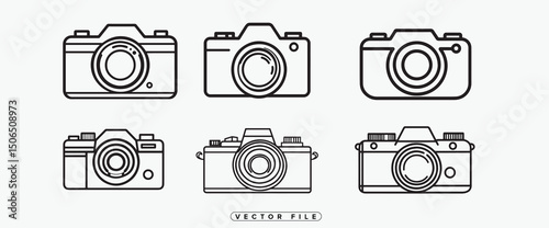 Set of Six Camera Icons in Black and White Outline Style