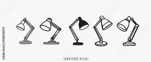 Collection of Five Desk Lamp Illustrations in Black and White Vector