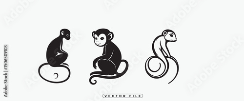Three Monkey Silhouettes in Different Poses on a White Background