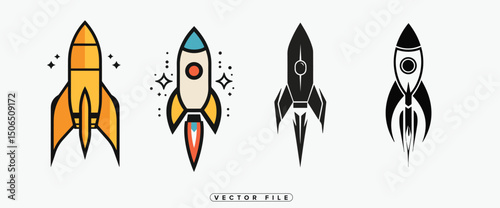 Set of Four Rocket Ship Icons in Different Styles and Colors