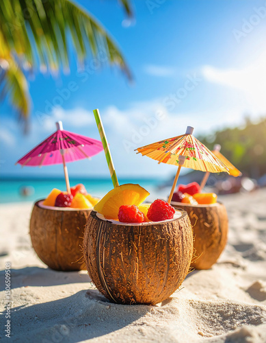 Tropical Fruit Cocktail in Coconut Shell on Sunny Beach with Colorful Straws