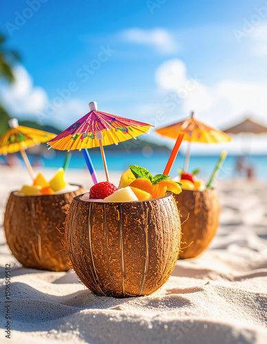 Tropical Fruit Cocktail in Coconut Shell on Sunny Beach with Colorful Straws