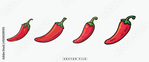 Cartoon Red Chili Peppers in a Row on White Background Vector