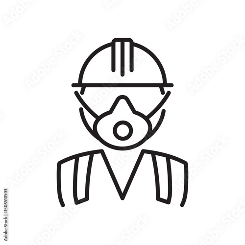 Line icon of a person in a helmet and respirator mask. Symbolizes respiratory safety and protection in hazardous or industrial work environments.