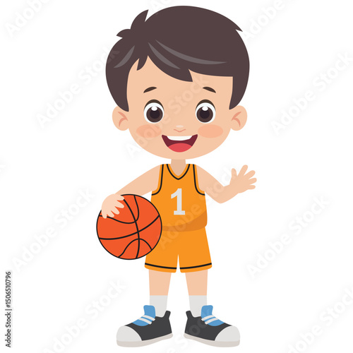 Cute little basketball  player boy vector cartoon illustration