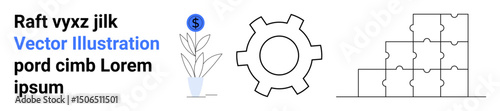 Plant sprouting dollar sign, gear, and stacked puzzle pieces representing growth, innovation, problem-solving, teamwork, strategy, creativity. Ideal for business concept teamwork innovation goal