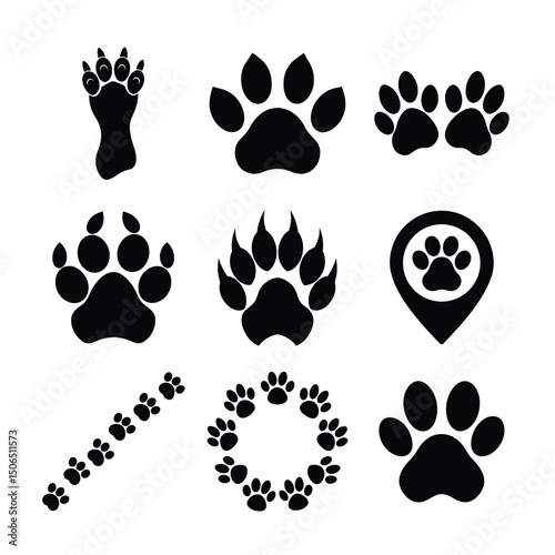 Silhouette dog and cat paw print icons for pet animal veterinary and adoption themes