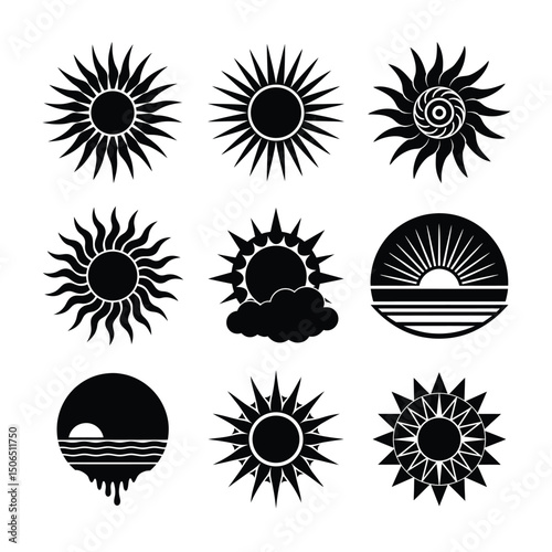 Sun icons in different silhouette styles for weather summer brightness and energy illustrations