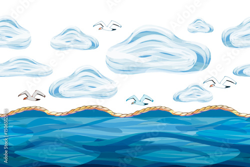 Seamless board with a seascape. Waves, seagulls and clouds, sea breeze depicted with brushstrokes and streaks on a separate background