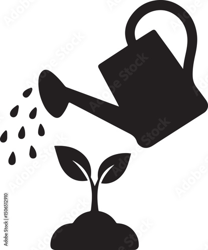 Silhouette vector of a watering can pouring water on a sprouting plant. Ideal for gardening, growth, and eco-themed designs.