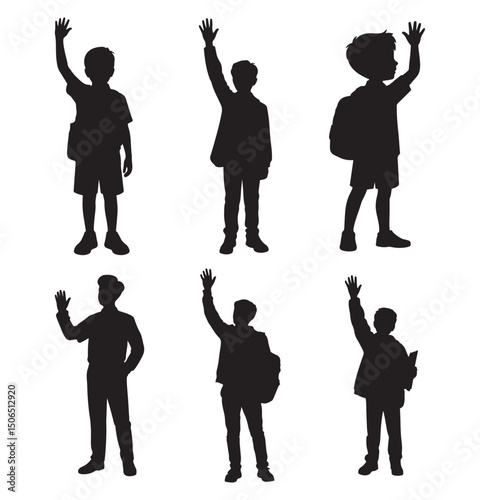 Silhouette vector collection of school boys raising hands on white background