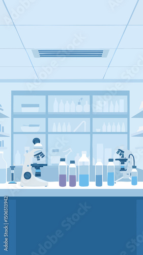 Flat minimal illustration of scientific laboratory interior, microscopes and glassware, white and blue palette, modern research facility