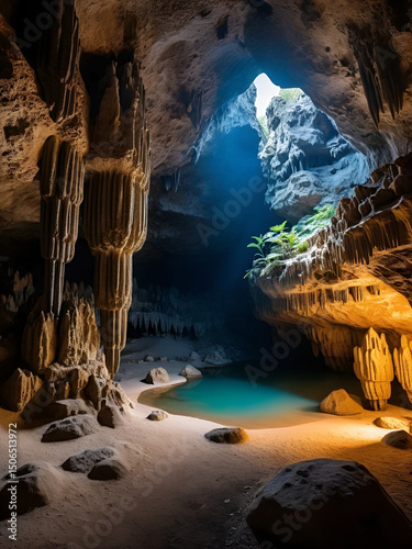 Inside view of an underground cave with stalagmites and stalactites
