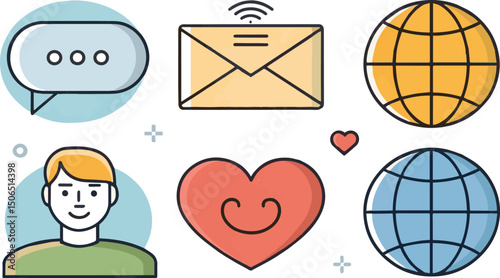 Digital Communication Icons: A collection of meticulously designed icons related to digital communication, featuring a speech bubble, a mail envelope, a smiling person, a heart.