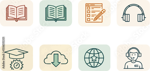 Study and Learning Icons: A visually engaging collection of flat design icons, representing various aspects of learning and education, ready to inspire any educational platform.
