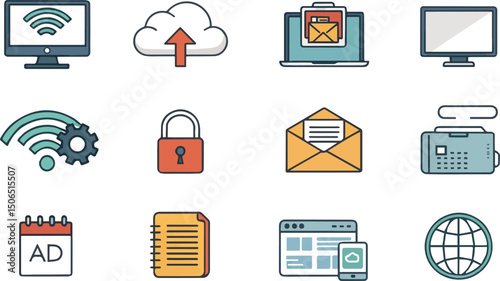 Digital Connectivity: A collection of interconnected digital icons representing the essential tools of the modern workplace, each icon meticulously crafted with attention to detail and a vibrant.
