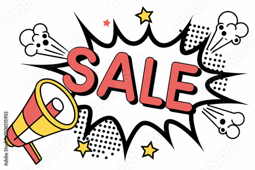 Colorful comic book style megaphone announcing sale promotion, vector illustration   