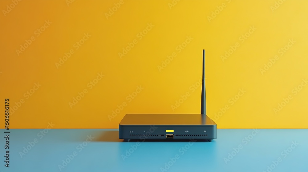 Fototapeta premium Modern Wireless Router Displayed on Blue Surface with Bold Yellow Background, Minimal Tech Setup, Fast Connectivity Concept in High-Quality Product Presentation, 32k Resolution