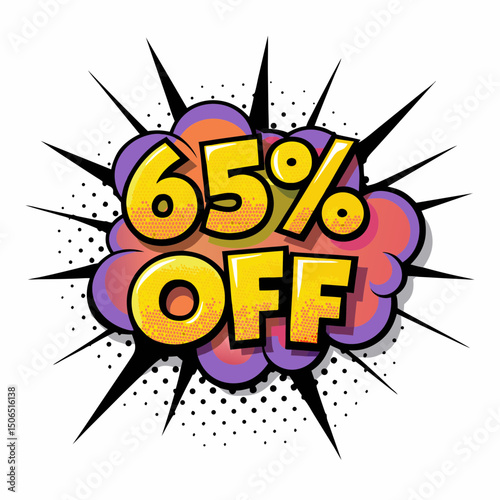 Comic book style vector illustration of 65% off sale signage  