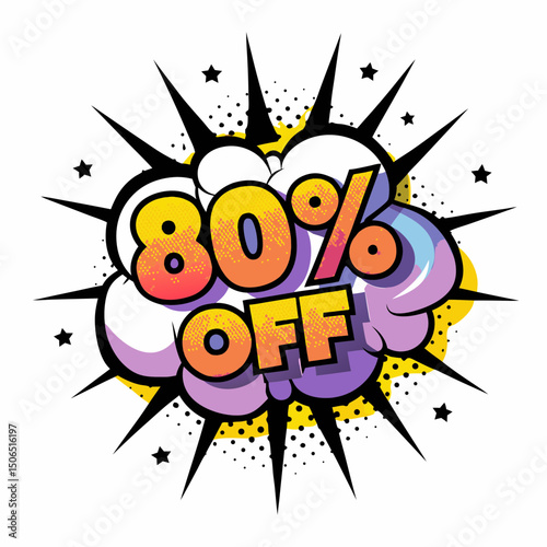 Discount poster with explosion graphic showing 80% off in comic style, vector illustration   