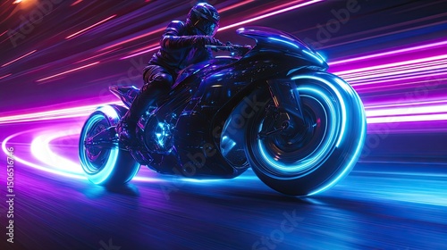Futuristic motorcycle with neon lights speeding on a road with streaks of pink and blue light trails