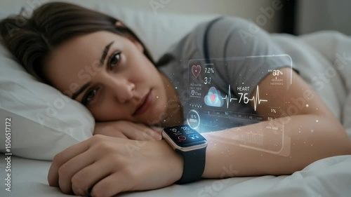 Woman resting, wearable tech displays health metrics