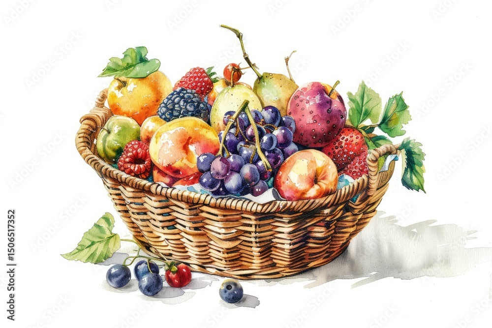 Watercolour of a Wicker Basket with an Image of Colourful Fruits Isolated on a White Background Watercolour of a Wicker Basket with an Image of Colourful Fruits Isolated on a White Background