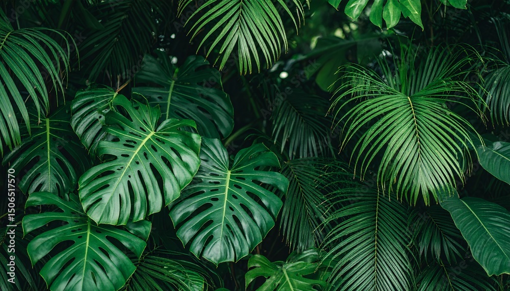 Lush green tropical foliage background featuring large Monstera deliciosa leaves and various palm fronds with a vibrant and natural aesthetic.
