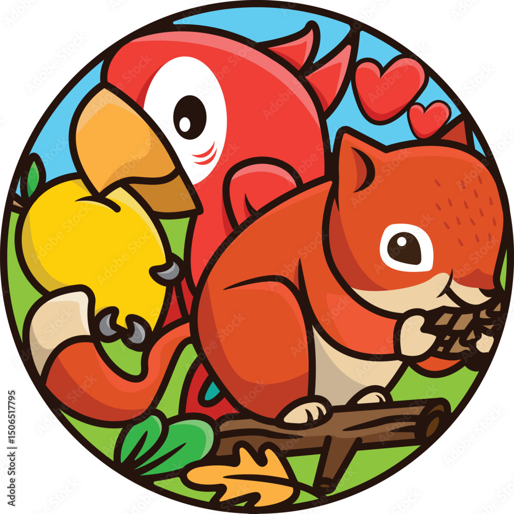 Naklejka premium Cute and unique parrot and squirrel illustration for pet shop logo