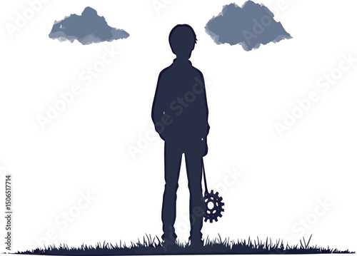 Silhouette of a young boy holding a gear, standing alone in a grassy field.