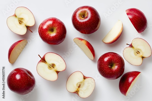 Red apples, sliced and whole, arranged on a white surface photo