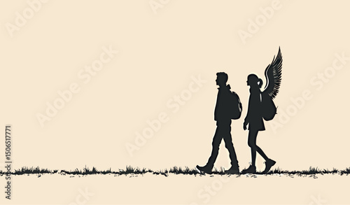 Silhouetted couple walking, with one person featuring angelic wings, symbolizing dreams.