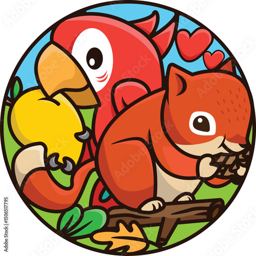 Cute and unique parrot and squirrel illustration for pet shop logo