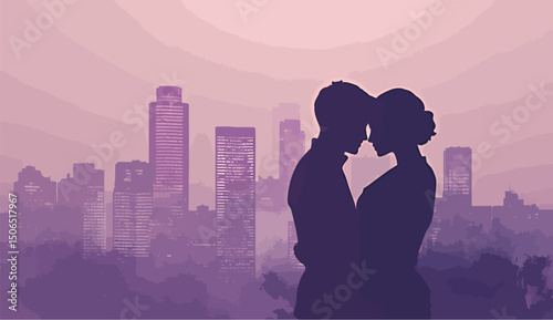 Silhouetted couple in love against a romantic city skyline at dusk.