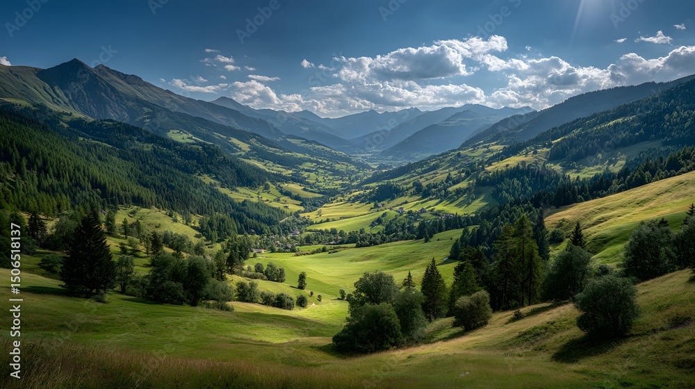 Fototapeta premium Alpines Tal mit grünen Wiesen unter dramatischem Himmel