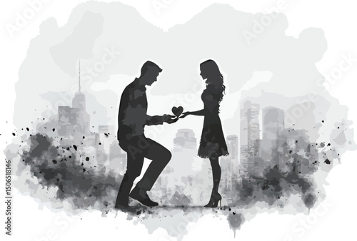 Romantic silhouette of a couple exchanging a heart in a cityscape setting.