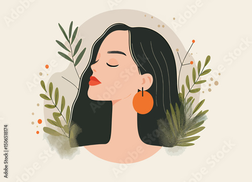 Minimalist portrait of a woman with long black hair and orange earrings against greenery.