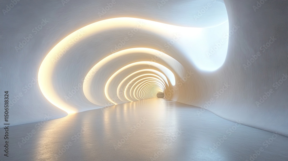 Naklejka premium Illuminated white tunnel with repeating arches and reflective floor leading to a bright opening