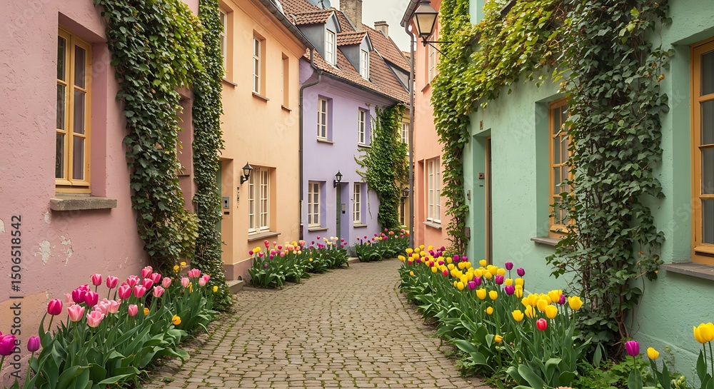 Fototapeta premium Cobblestone Street with Colorful Buildings and Flowers