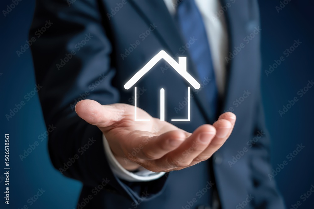 This image showcases a house symbol held in a hand representing real estate home ownership and property investment.The dark blue background This image showcases a house symbol held in a hand representing real estate home ownership and property investment.The dark blue background