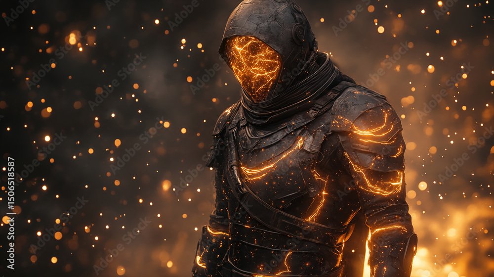 Fototapeta premium Futuristic armored warrior with glowing orange energy patterns against dark background, cyberpunk concept for gaming design