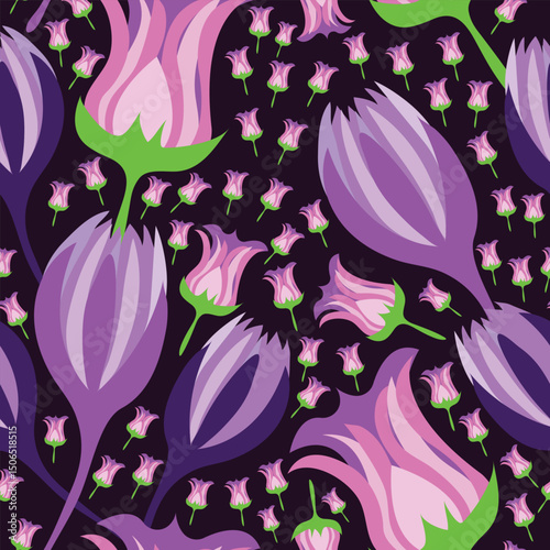 purple and blue colored tulips with pink and green peonies and small buds placed on black background seamless pattern. It is good for textile, fabric, tiles, decoration and more. 