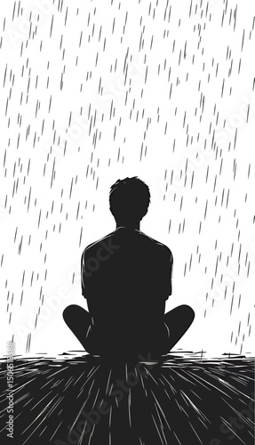 Silhouette of a contemplative young man sitting in the rain, evoking deep thoughts.